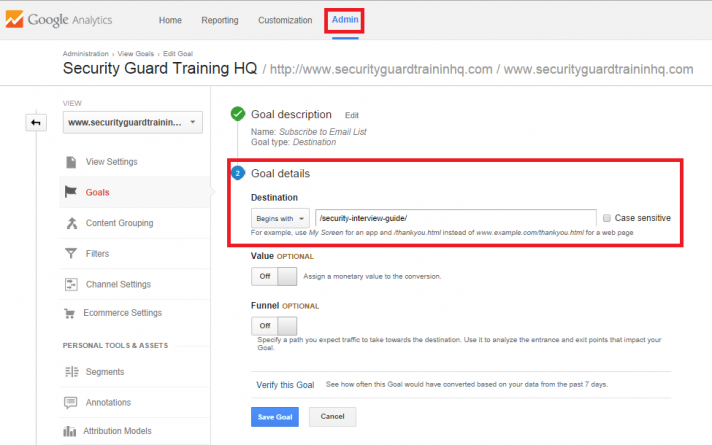 setting up a goal in analytics